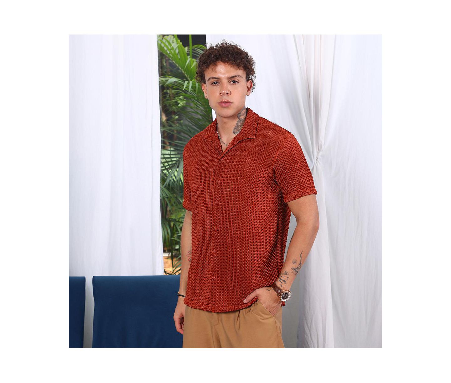 Мужская рубашка Cahoot Campus Sutra Terracotta Brown Puffy-Textured, цвет: Коричневый — фото 4