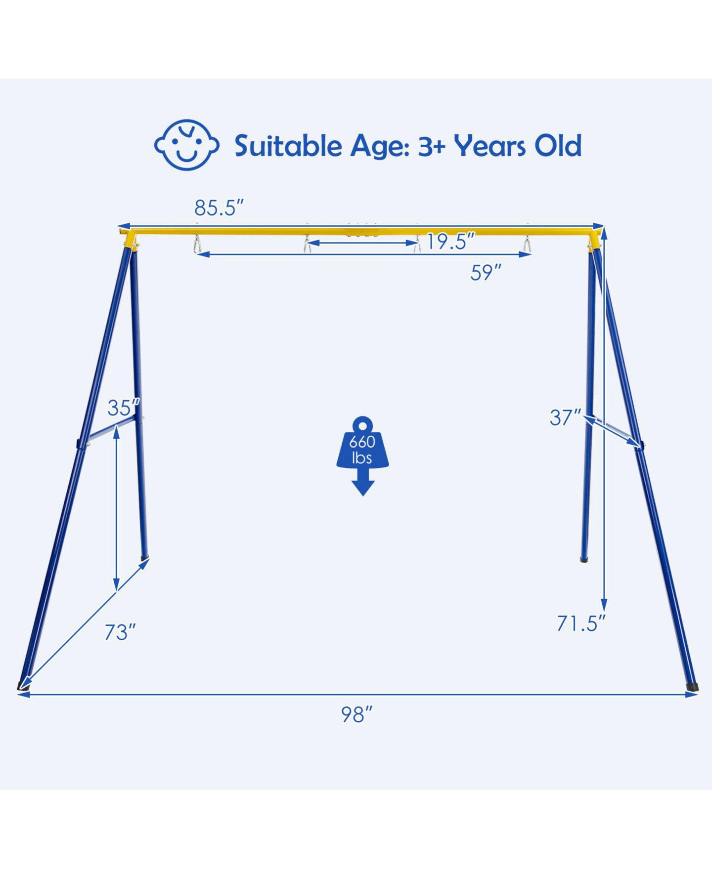 Детская игрушка Gymax 660 Lbs Metal Heavy-Duty A-Frame Swing Stand, Ages 3+, цвет: Синий жёлтый — фото 2