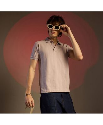 Men's Blush Pink Lined-Knit Polo T-Shirt