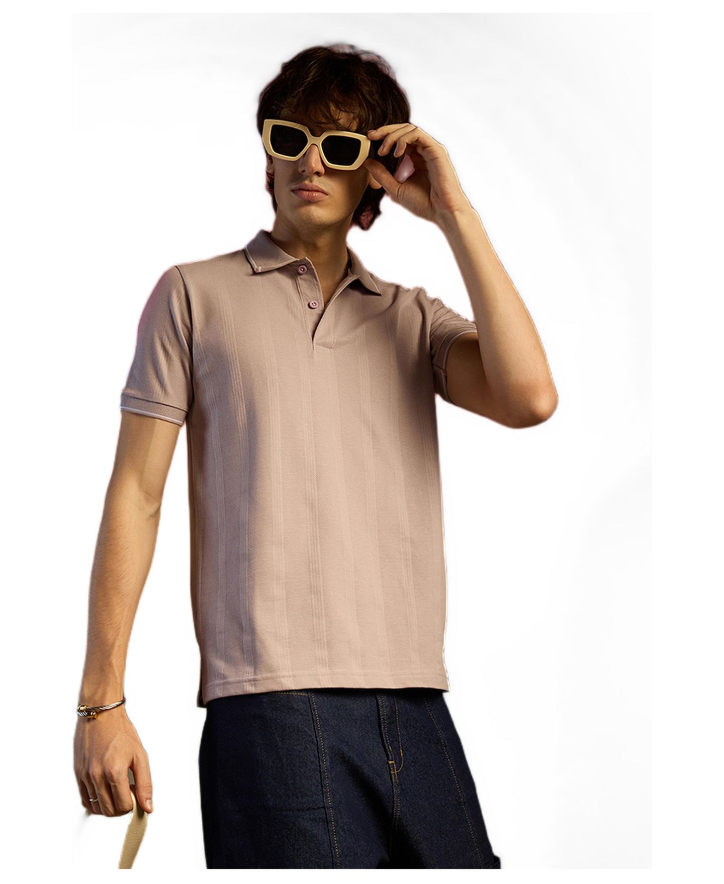 Мужская футболка Cahoot Blush Pink Lined-Knit Polo, цвет: Бежевый — фото 2