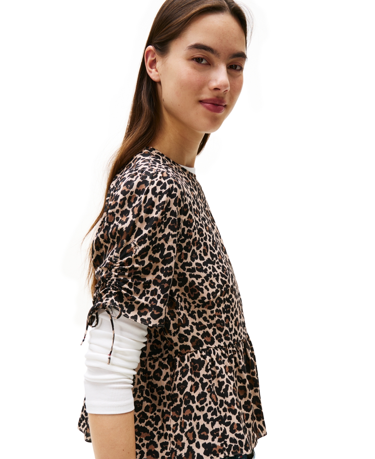 Tommy Jeans Women's Leopard-print Tie-sleeve Blouse In Brown