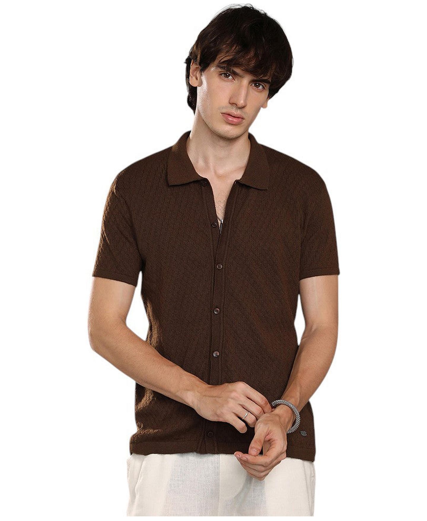 Мужская рубашка Cahoot Campus Sutra Taupe Brown Rhombus-Textured Knit, цвет: Коричневый — фото 1