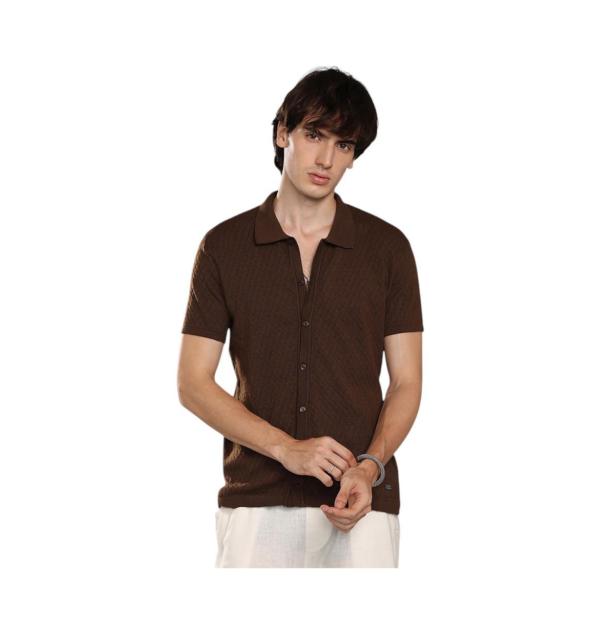Men's Taupe Brown Rhombus-Textured Knit Shirt - Brown