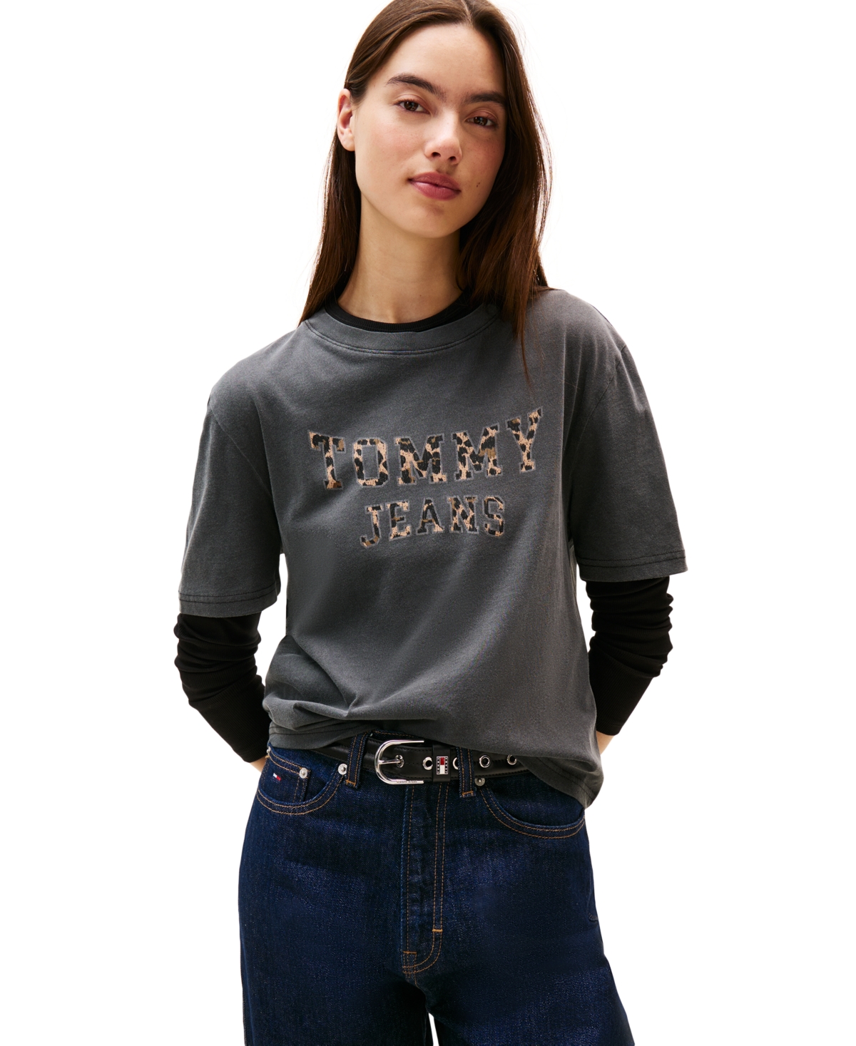 Tommy Jeans Women's Cotton Leopard-print Logo Varsity T-shirt In Gray
