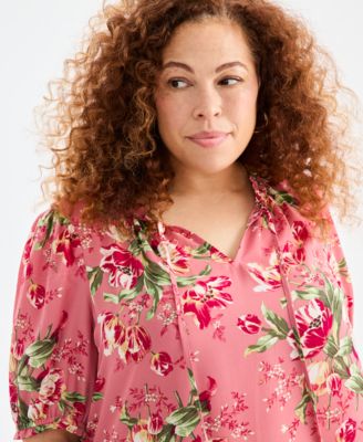 Plus Size Floral Printed Puff-Sleeve Blouse, Macy's Exclusive