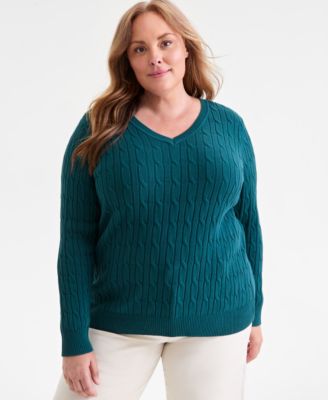 Plus Size Cotton Cable-Knit V-Neck Sweater, Macy's Exclusive