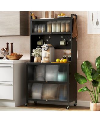 5 Tier Kitchen Bakers Rack with Lights Multifunctional Microwave Stand with Flip Door Cabinets