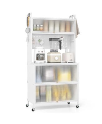 5 Tier Kitchen Bakers Rack with Lights Multifunctional Microwave Stand with Flip Door Cabinets