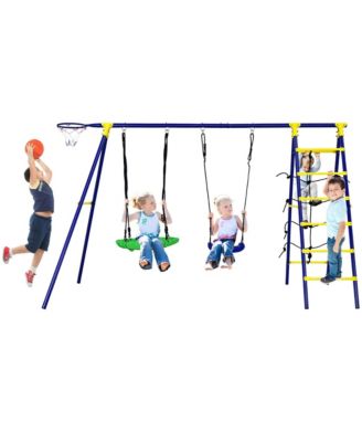 Boys 5-In-1 Swing Set for Outdoor W/ Heavy Duty Frame Basketball Hoop & Climbing Ladder