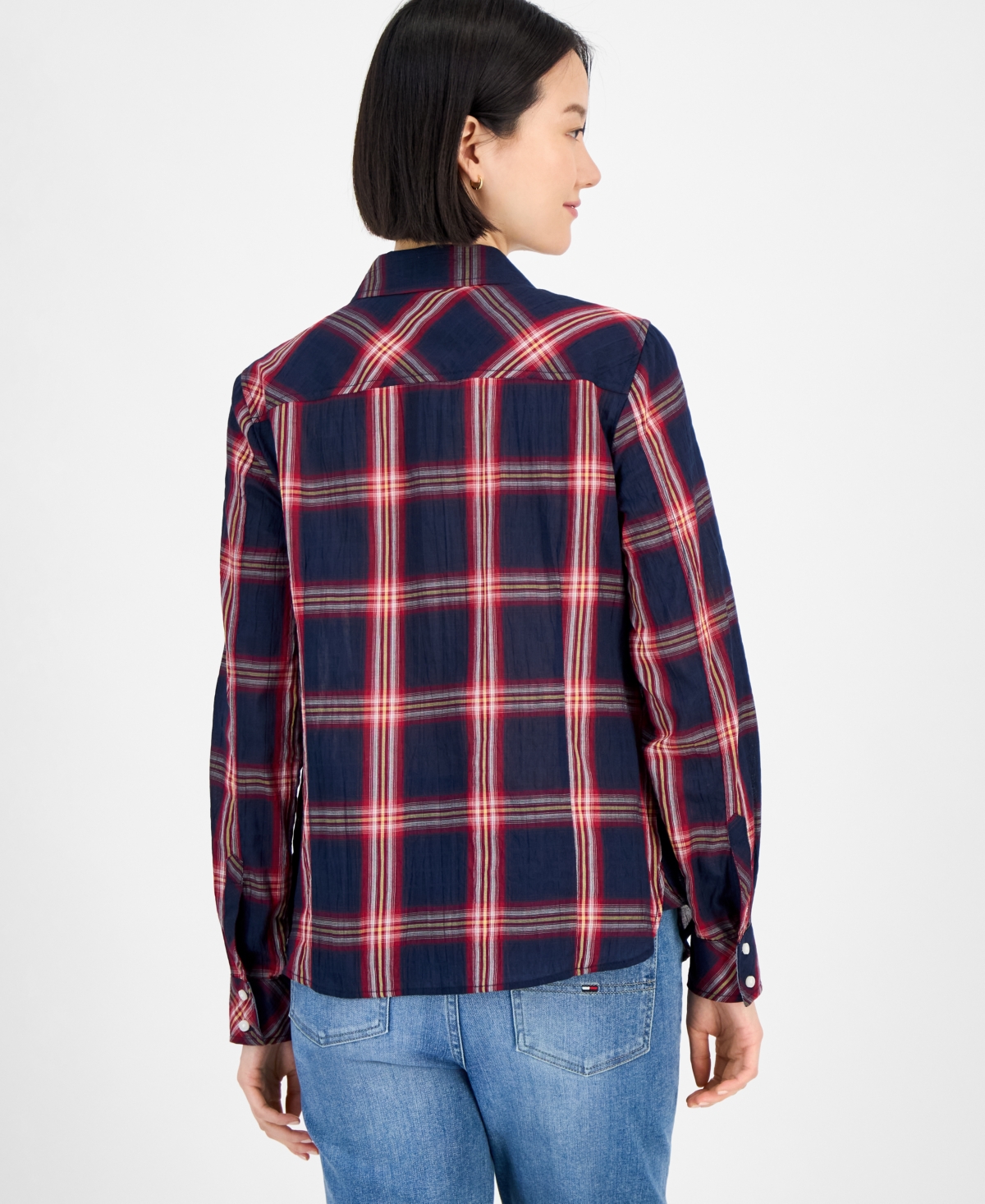 Tommy Hilfiger Women's Crinkled Plaid Button-front Shirt In Blue