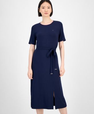 Women's Ribbed Belted Short-Sleeve Midi Dress