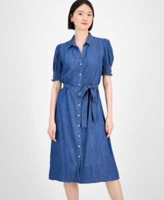 Women's Chambray Puff-Sleeve Midi Dress