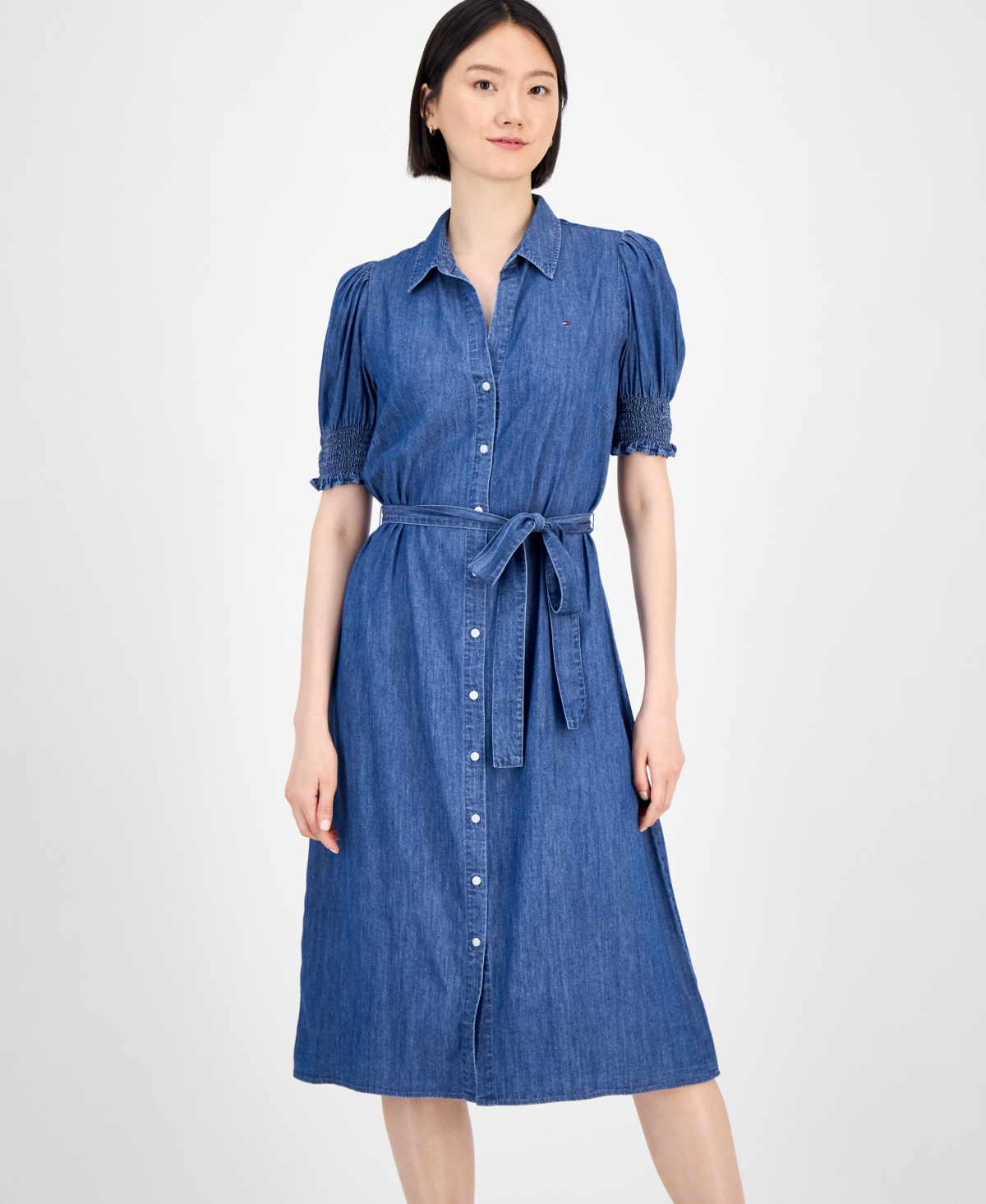 Tommy Hilfiger Women's Chambray Puff-sleeve Midi Dress In Blue
