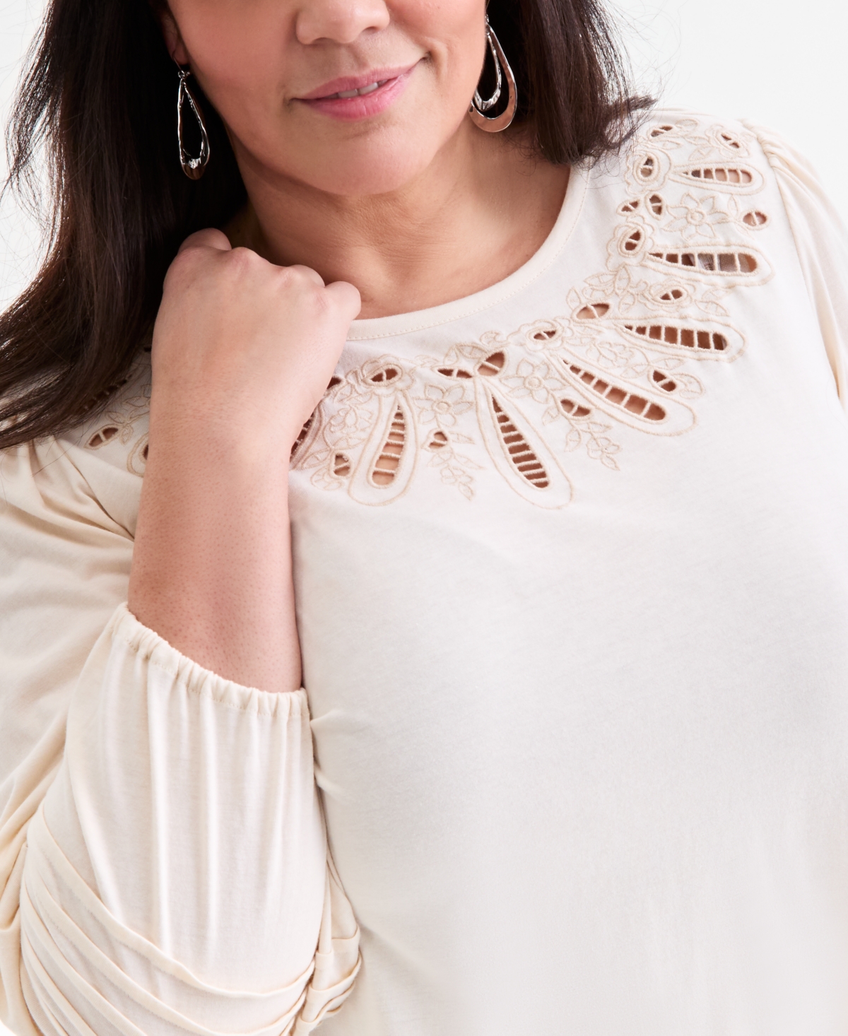 Style & Co Plus Size Broderie Anglaise 3/4-sleeve Top, Macy's Exclusive In White
