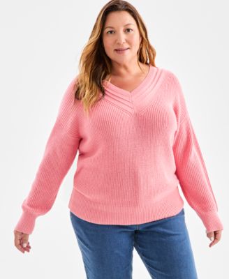 Plus Size V-Neck Stitch Detail Sweater