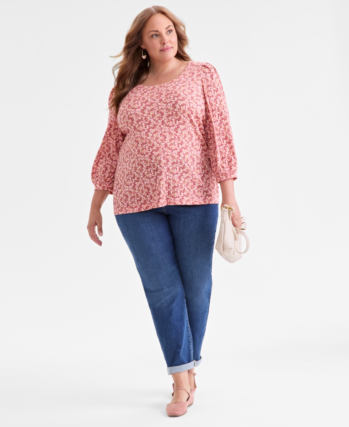 Style & Co Plus Size Printed 3/4-sleeve Blouse, Macy's Exclusive In Pink