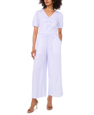 Sam Jess Womens Striped Bow Front V Neck Puff Sleeve Top Pull On Wide Leg Pants
