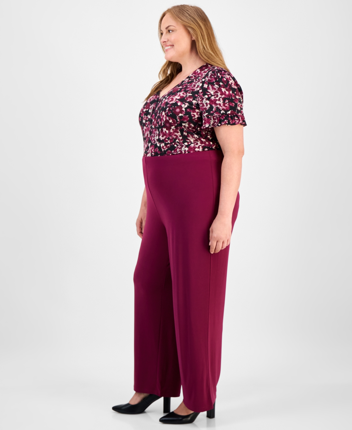 Ak Anne Klein Plus Size Wide-leg Pull-on Pants In Burgundy