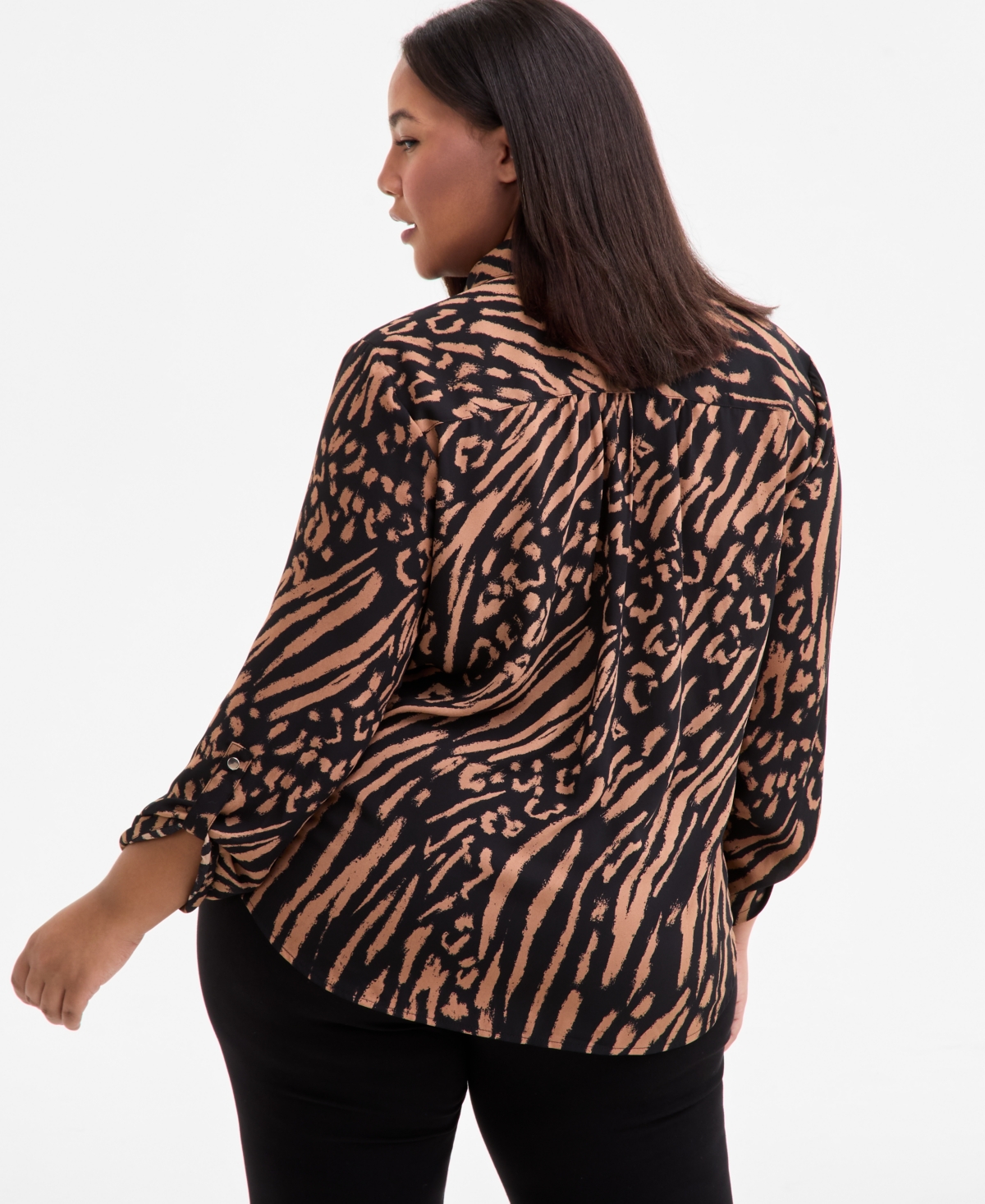 Ak Anne Klein Plus Size Printed Roll-tab Blouse In Brown