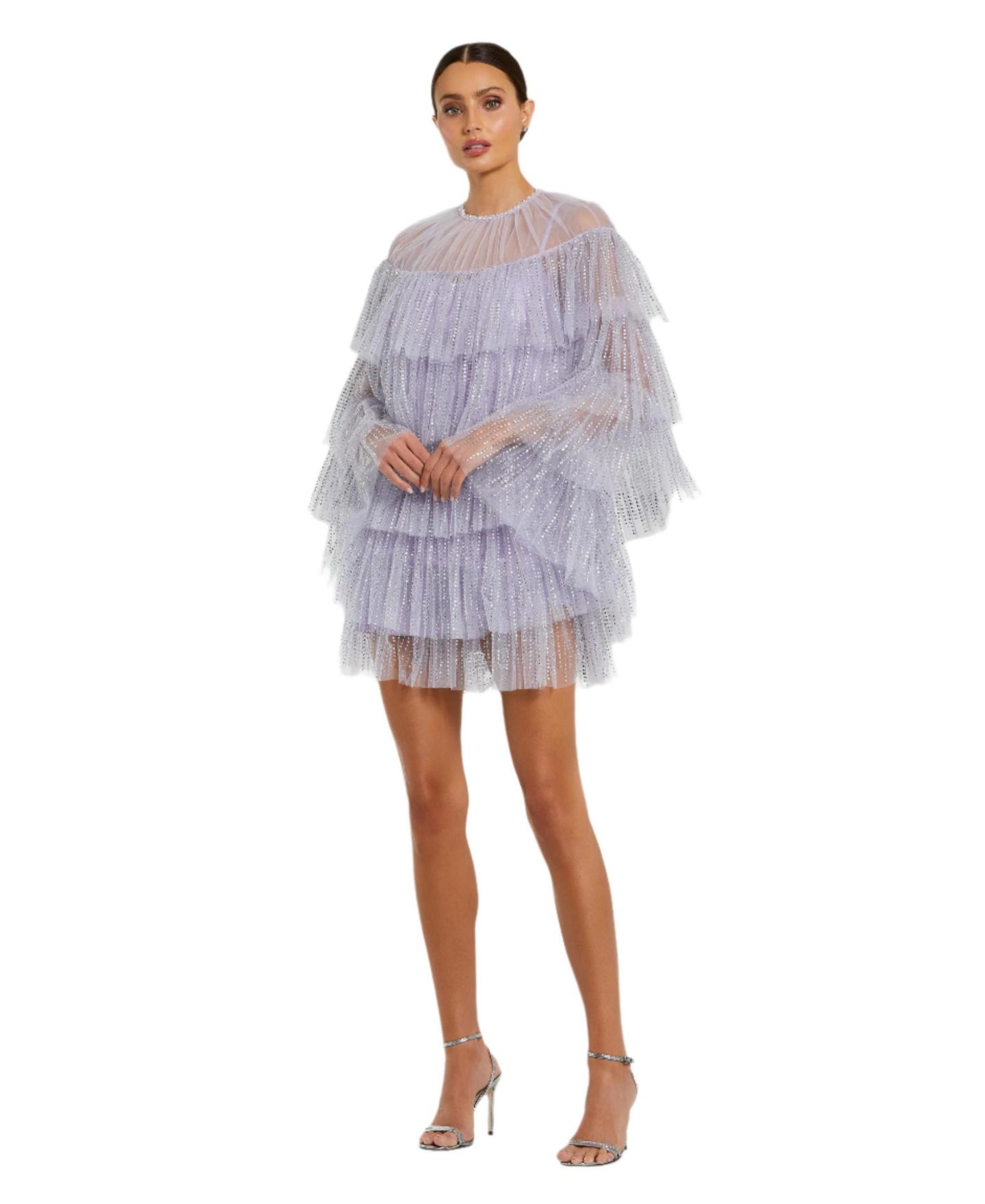 Женское платье Mac Duggal High Neck Tiered Ruffle Pearl Beaded Cape, цвет: Сиреневый — фото 1