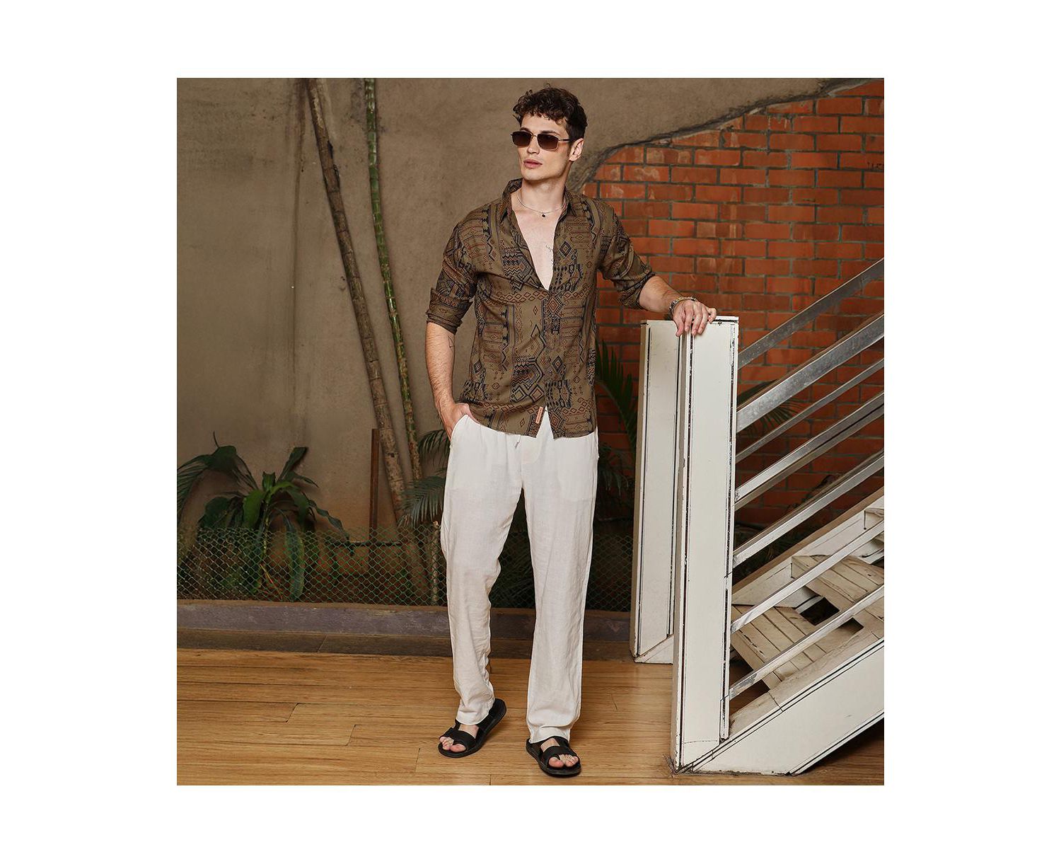 Men's Peanut Brown Aztec-Imprint Shirt