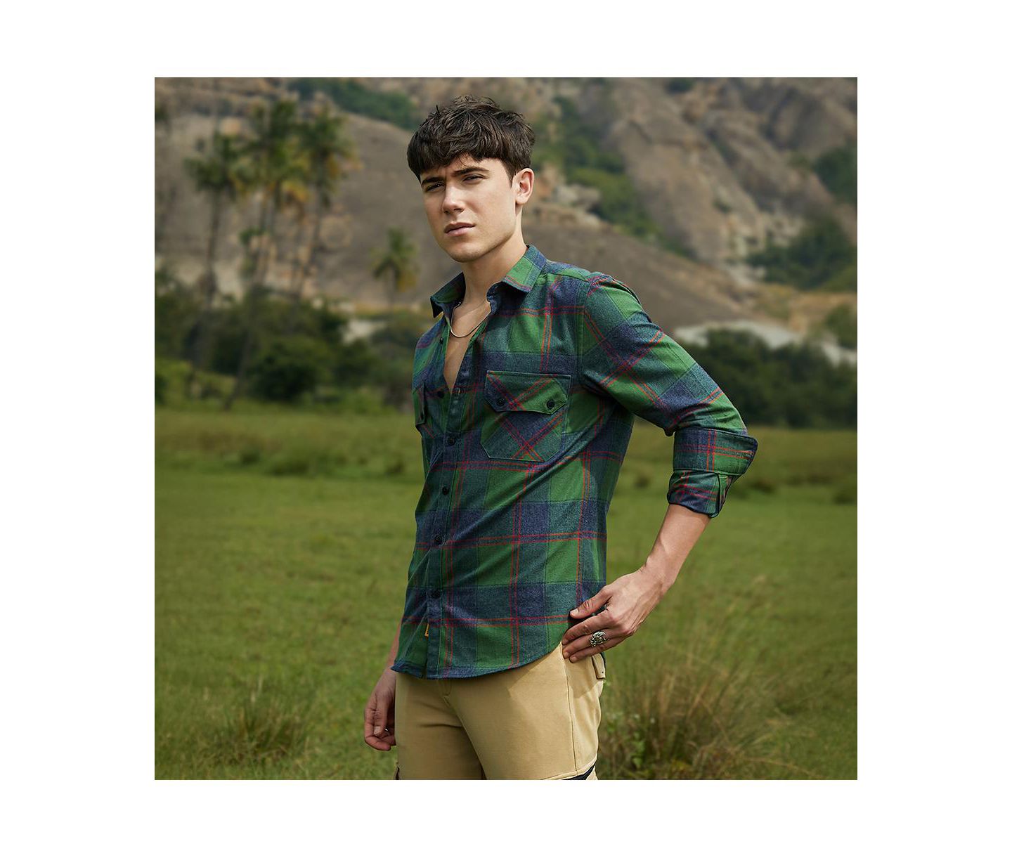 Мужская рубашка Cahoot Campus Sutra Forest Green & Indigo Blue Buffalo Check Utility, цвет: Зелёный — фото 4