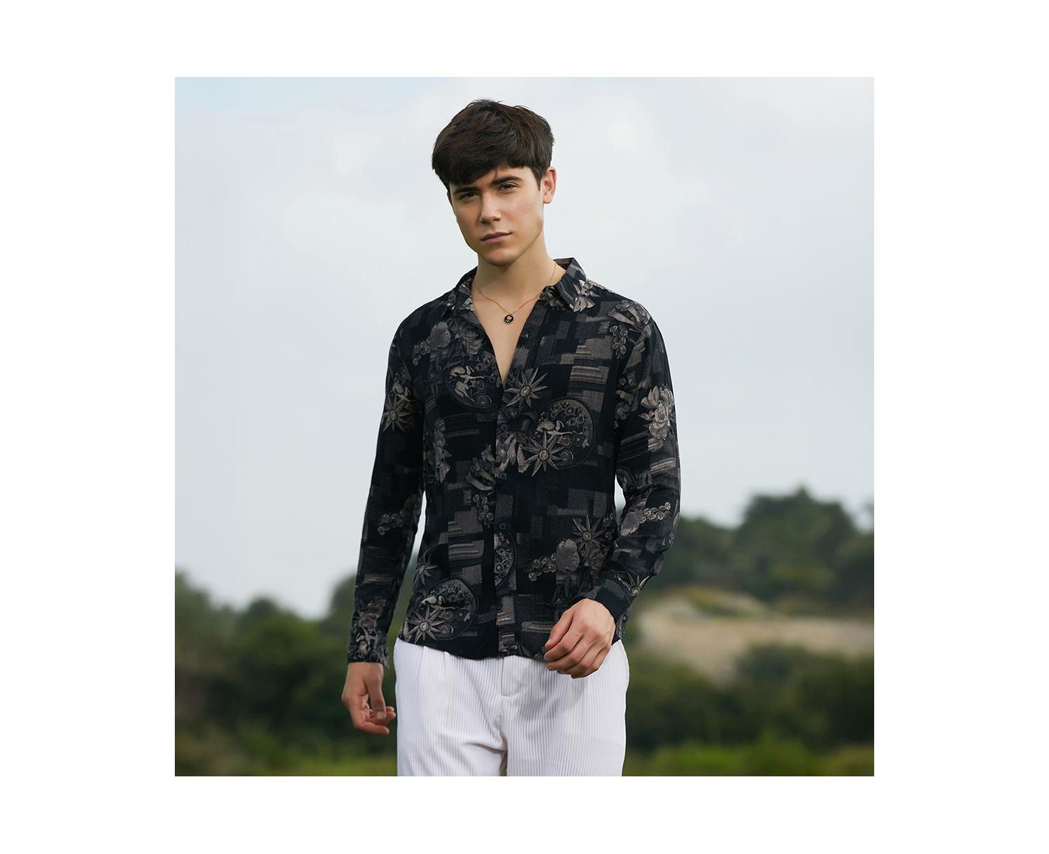 Men's Midnight Black Bloom-Imprint Shirt