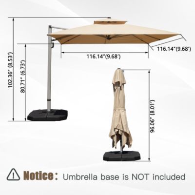 10x10ft Square Cantilever Umbrella with Center Pole 360 Rotation 5 Position Tilt Hydraulic Opening Beige