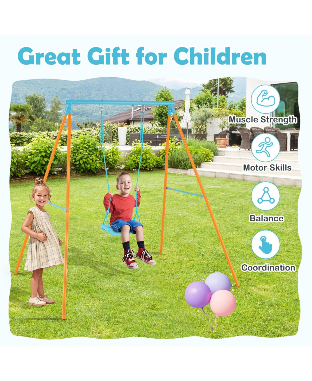 Gymax Toddler Swing Heavy Duty Metal Swing Set w/ A Frame Adjustable Ropes