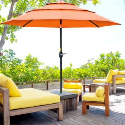 9FT 3 Tiers Patio Umbrella Outdoor Market Umbrella with Crank Push Button Tilt for Deck Backyard Orange