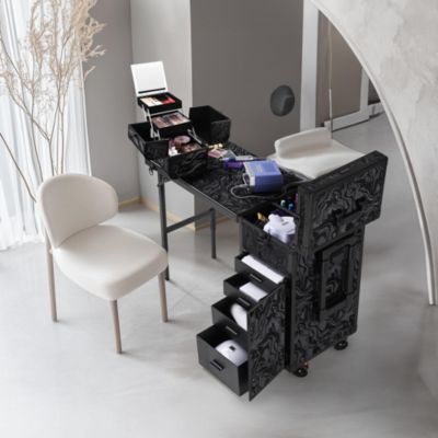 Rolling Nail Table & Makeup Case Kit Cosmetic Organizer Aluminum Black