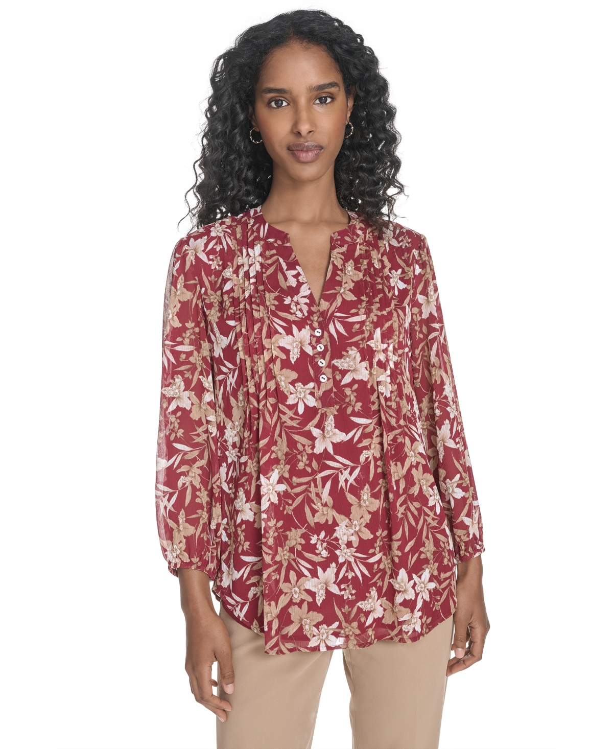 Women's Floral Pintucked Blouse - Crimson/ Tigers Eye