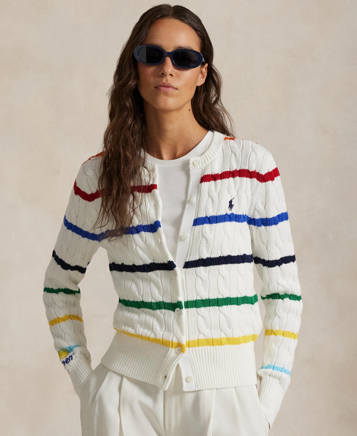 Polo Ralph Lauren Women's Us Open Striped Cable Cotton Cardigan In Multi