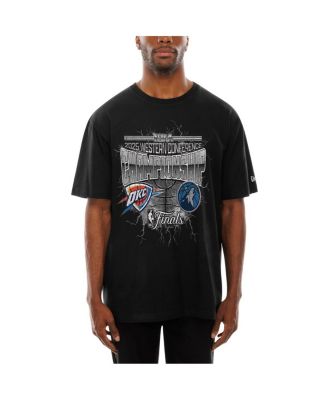 Men's Black Oklahoma City Thunder vs. Minnesota Timberwolves 2025 Western Conference Finals Matchup Distressed Graphic T-Shirt