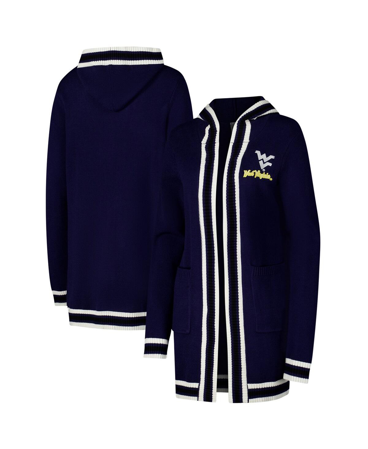 Women's Navy West Virginia Mountaineers Stripe Detail Tri-Blend Hoodie Cardigan Sweater - Navy