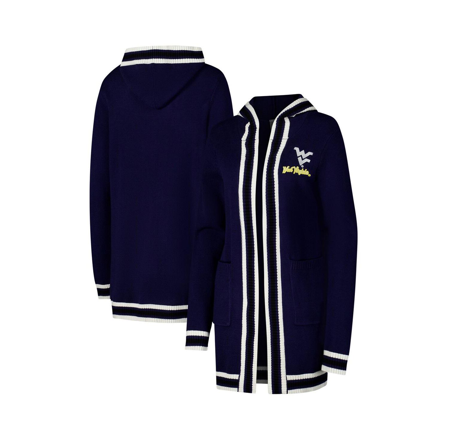 Women's Navy West Virginia Mountaineers Stripe Detail Tri-Blend Hoodie Cardigan Sweater
