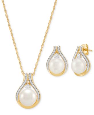 Macy's - 2-Pc. Set Cultured Freshwater Pearl (8 & 9mm) & Diamond Accent Halo Pendant Necklace & Matching Stud Earrings in 14k Gold-Plated Sterling Silver