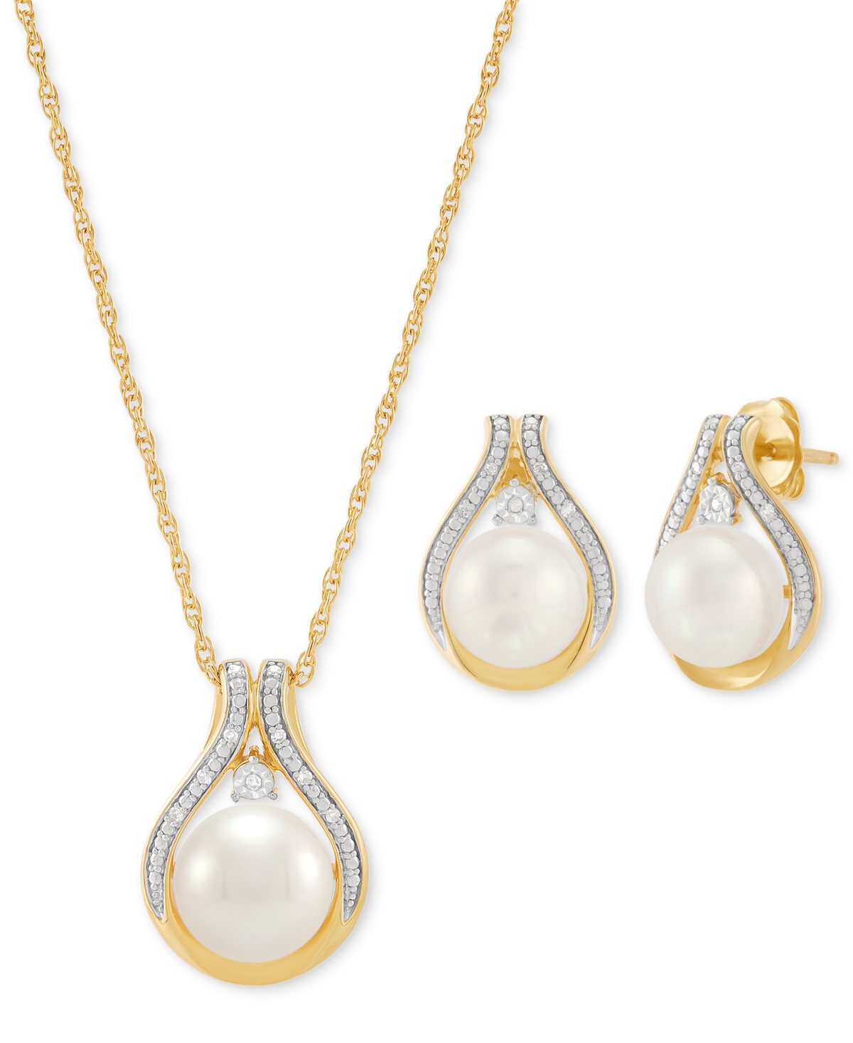2-Pc. Set Cultured Freshwater Pearl (8 & 9mm) & Diamond Accent Halo Pendant Necklace & Matching Stud Earrings in 14k Gold-Plated Sterling Silver - 14K