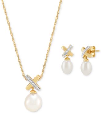 Macy's - 2-Pc. Set Cultured Freshwater Pearl (6 & 8mm) and Diamond Accent X Pendant Necklace & Matching Drop Earrings in 14k Gold-Plated Sterling Silver
