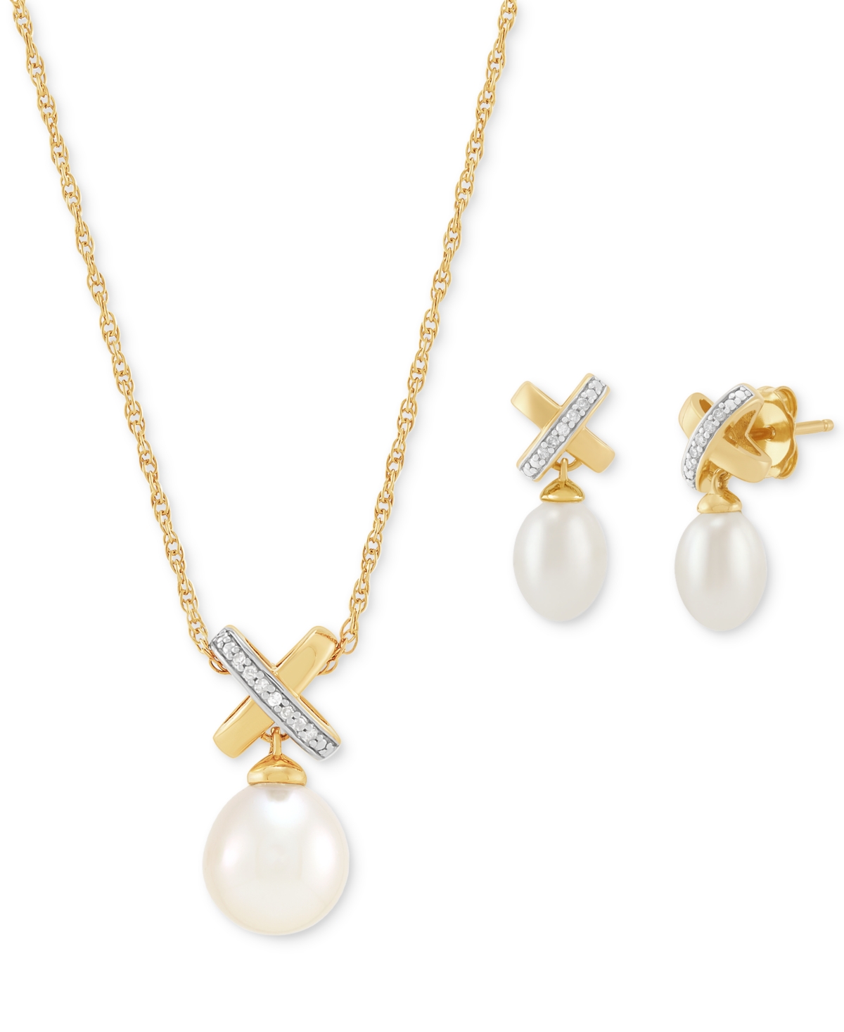 2-Pc. Set Cultured Freshwater Pearl (6 & 8mm) and Diamond Accent X Pendant Necklace & Matching Drop Earrings in 14k Gold-Plated Sterling Silver - 14K
