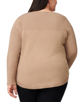 Plus Size Ribbed-Yoke Pullover Sweater