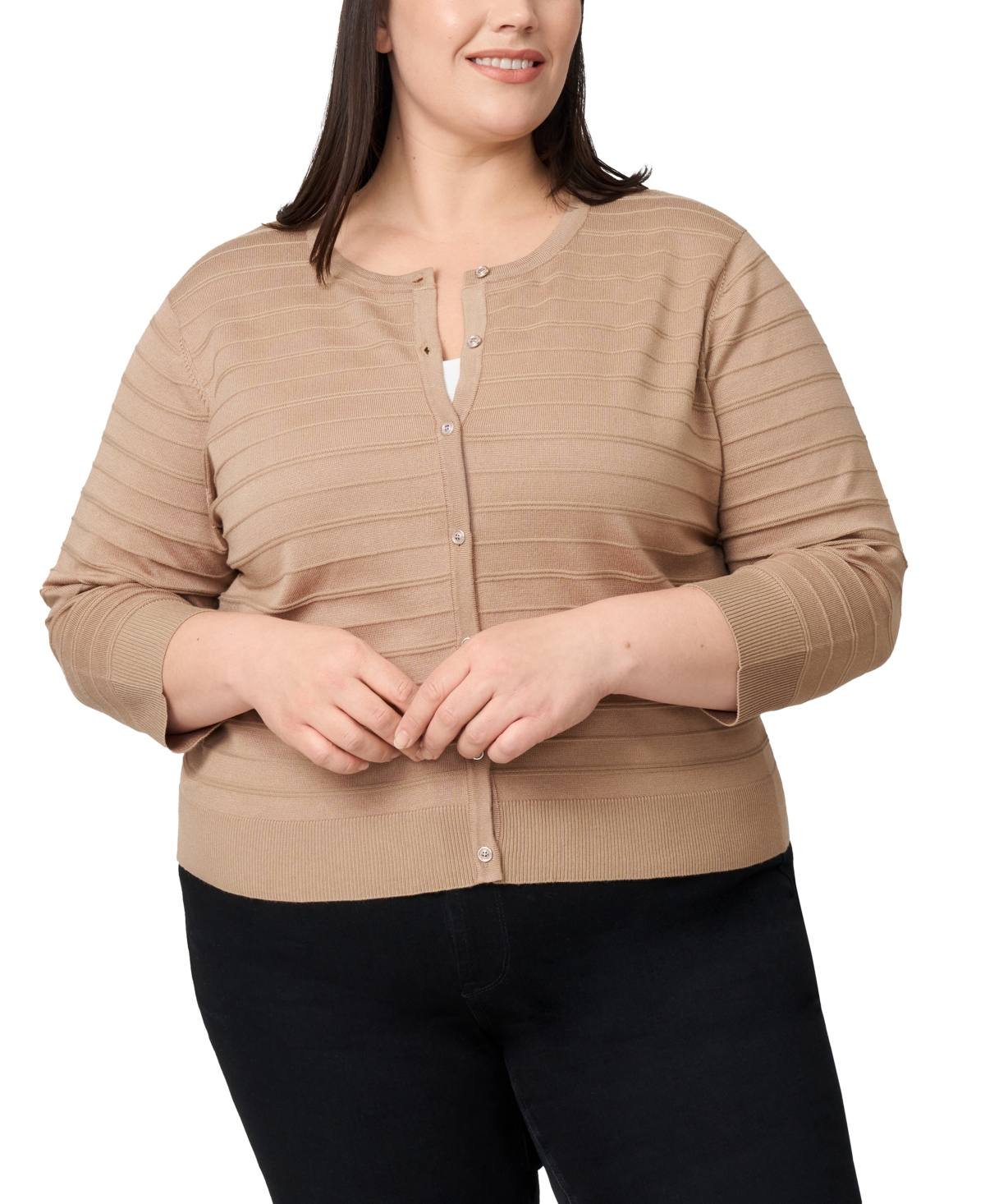 Melissa Paige Plus Size Textured Stripe Cardigan Sweater In Brown