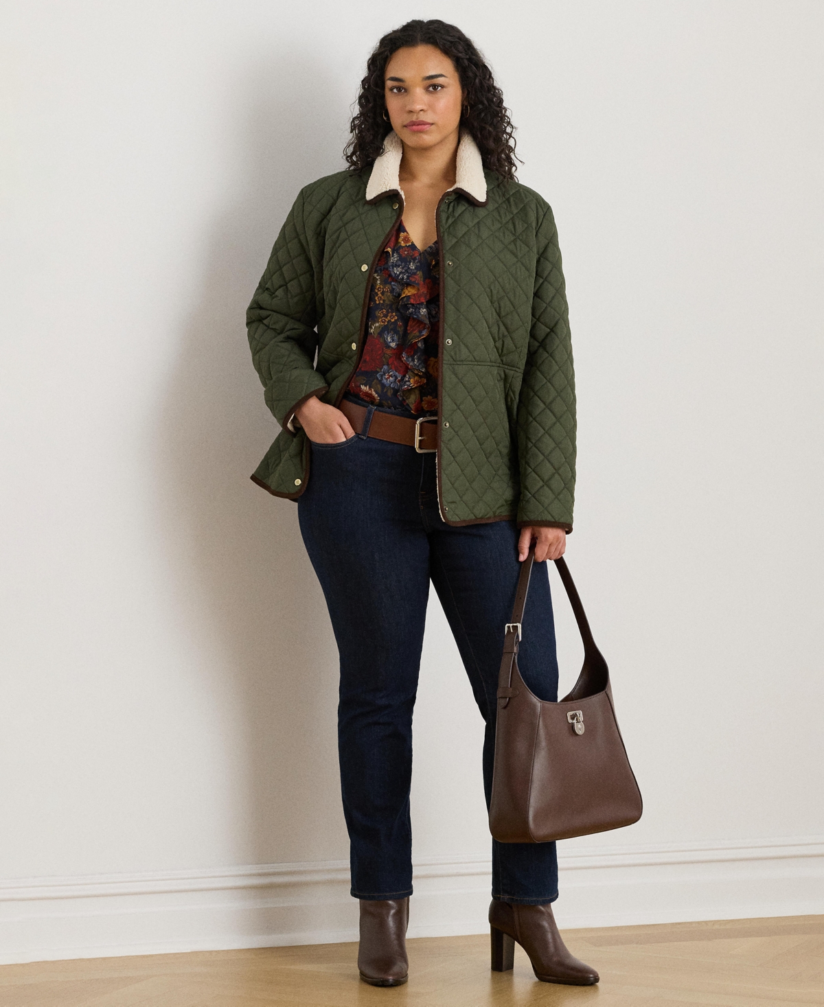Ralph Lauren Plus Size Faux-sherpa-collar Quilted Coat In Green
