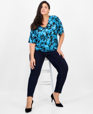 Plus Size Printed V-Neck Short-Sleeve Top, Macy's Exclusive