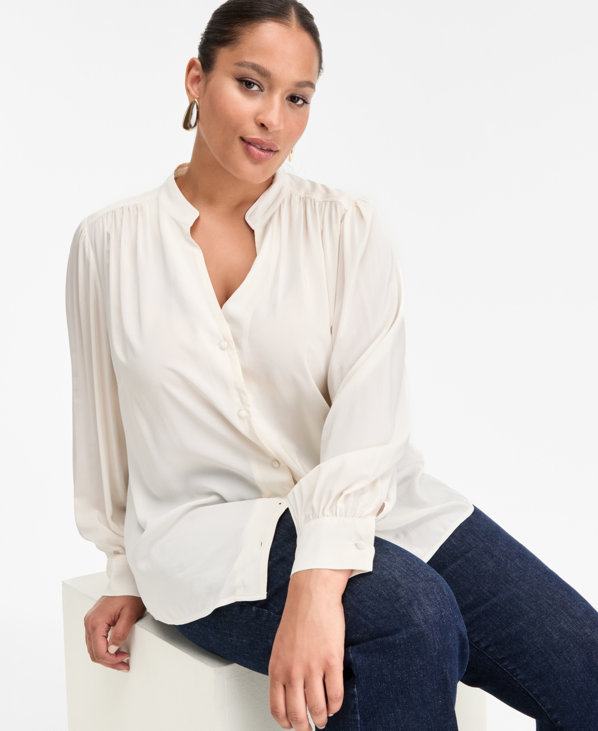 Inc International Concepts Plus Size Blouson-sleeve Button-front Shirt, Macy's Exclusive In White