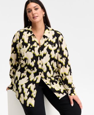 Plus Size Printed Blouson-Sleeve Button-Front Shirt, Macy's Exclusive