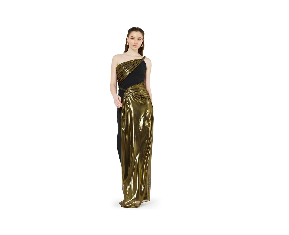 Women's Braided Strap One Shoulder Metallic Drape Dress