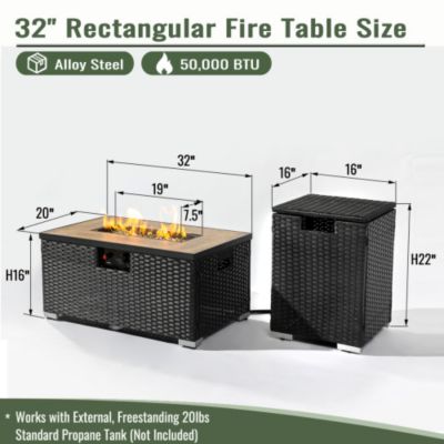 32 Inch Rectangular Wicker Fire Pit Table with 50000 BTU Burner and Ceramic Top