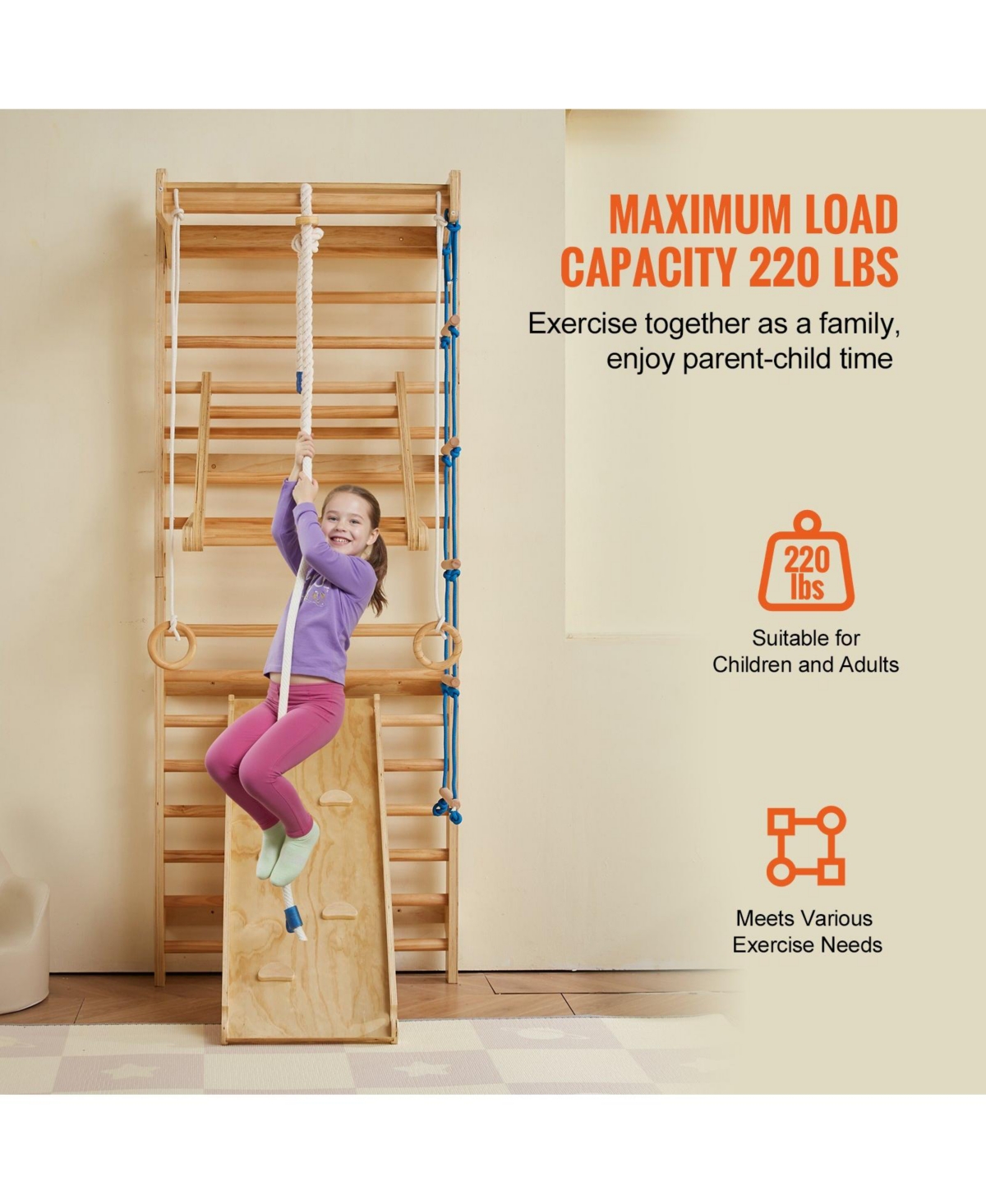 Slickblue Toddler 8 in 1 Wooden Indoor Wall Gym Swedish Ladder Set with Climbing Toys