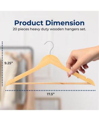 20 Pcs. of Solid Wooden Hangers for Clothes - Heavy Duty Suit Hanger Set with Chrome 360&amp;#xB0; Swivel Hook (Natural Color